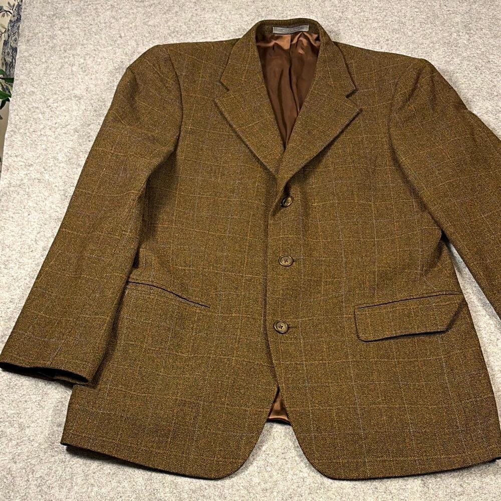 Talbots Men's Brown Tweed Plaid Wool Cashmere Sport Coat 38R 3-Button